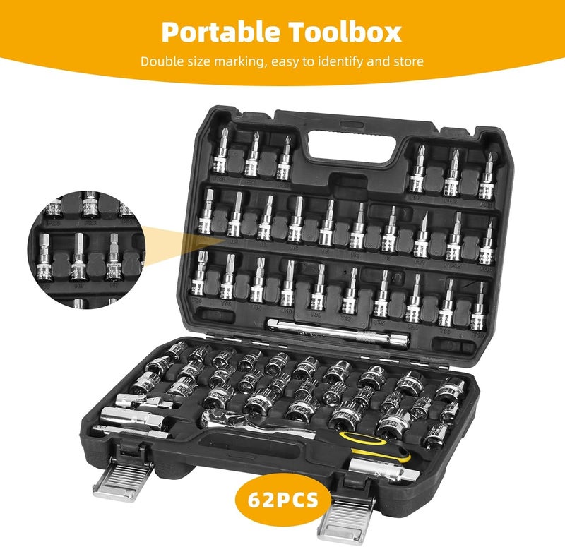 TILIBOTE Socket Wrench Set, 62PCS 3/8" Ratcheting Wrench Set With 72 Tooth Count Ratchet, SAE & Metric From 5/16" - 7/8 ", 6mm - 23mm,Tool Set For Home Use and Automotive Repair - Image 3